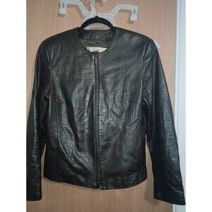 Doncaster Woman's Brown Collarless Zip Up Leather Jacket - Scale Design - Size 6